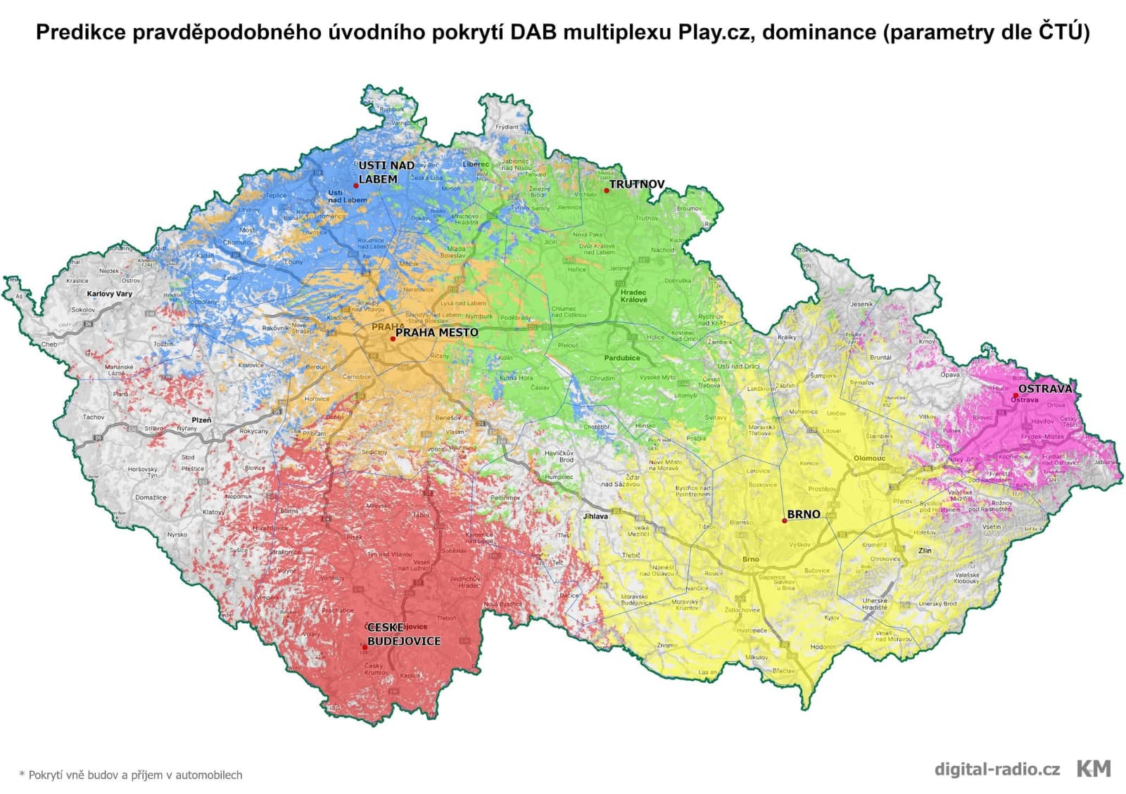 Radio HEY - pokrytí v multipexu PLAY:CZ / DAB+ 